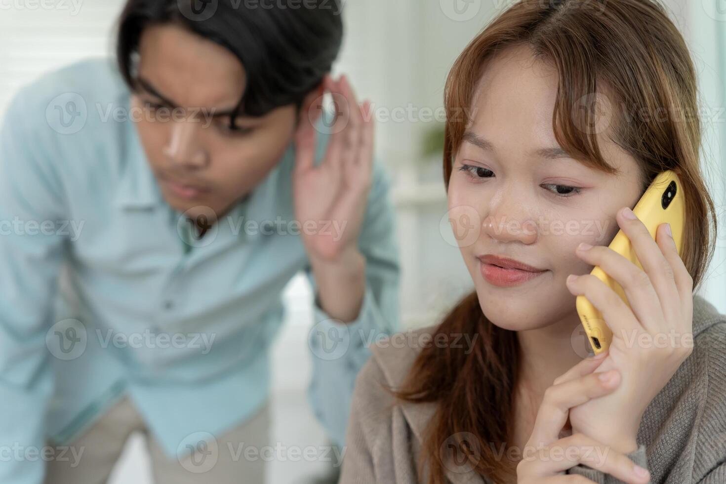 Double dating. wife use phone for call somebody, have a fling, Bit on the side , Commit adultery ,Polygamy, wife was having an affair. family problem, infidelity, divorce, separate photo