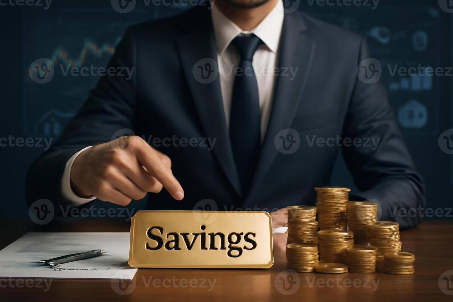 image of a businessperson in a suit pointing to a Savings sign on their desk surrounded by coins and documents with financial charts in the background. photo