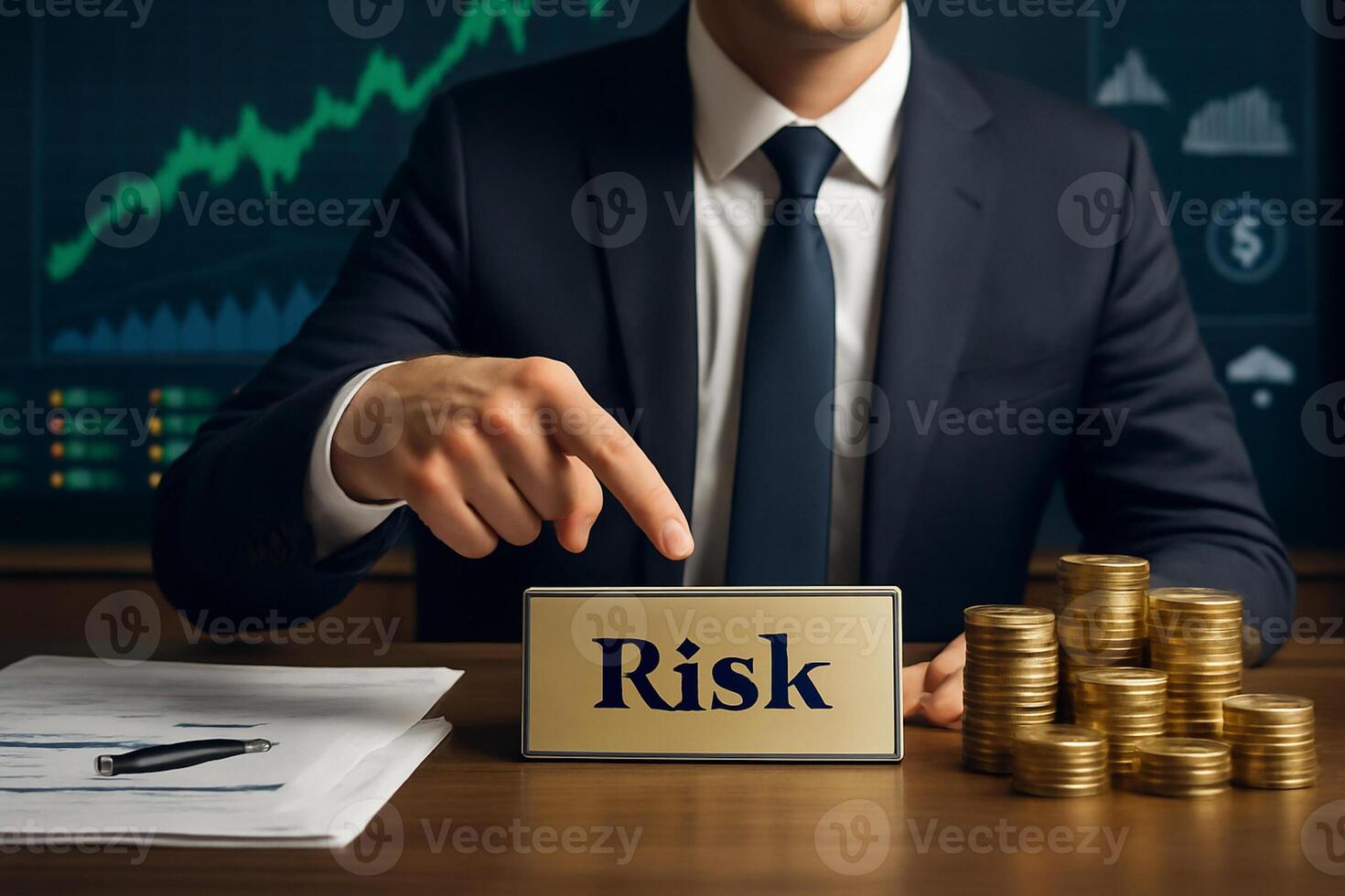 image of a businessman in a suit pointing at a Risk nameplate at his desk surrounded by gold coins and financial papers. The background shows market trends and financial data. photo