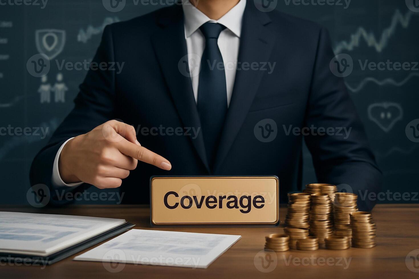 Businessman in suit holding a sign with the word coverage photo