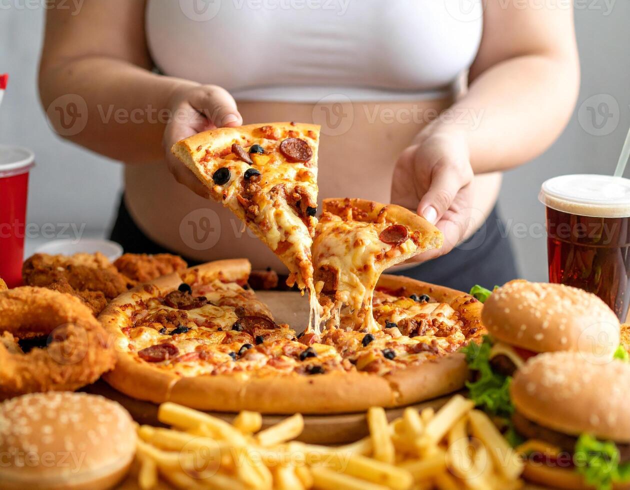 A woman is holding a pizza with a lot of food photo