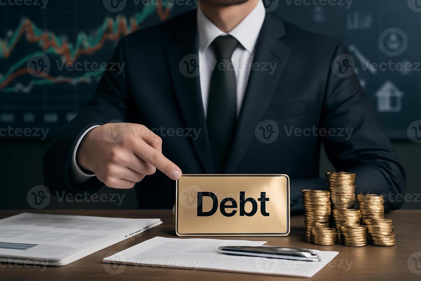 image of a businessman in a suit pointing at a golden debt plaque. The desk includes documents and coins, with financial graphs and stock data in the background. photo