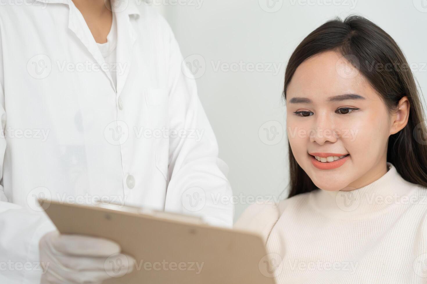 plastic surgery beauty asian smile and happy after surgery, surgical procedure that involve altering shape of nose, doctor examines patient nose before rhinoplasty, medical assistance photo