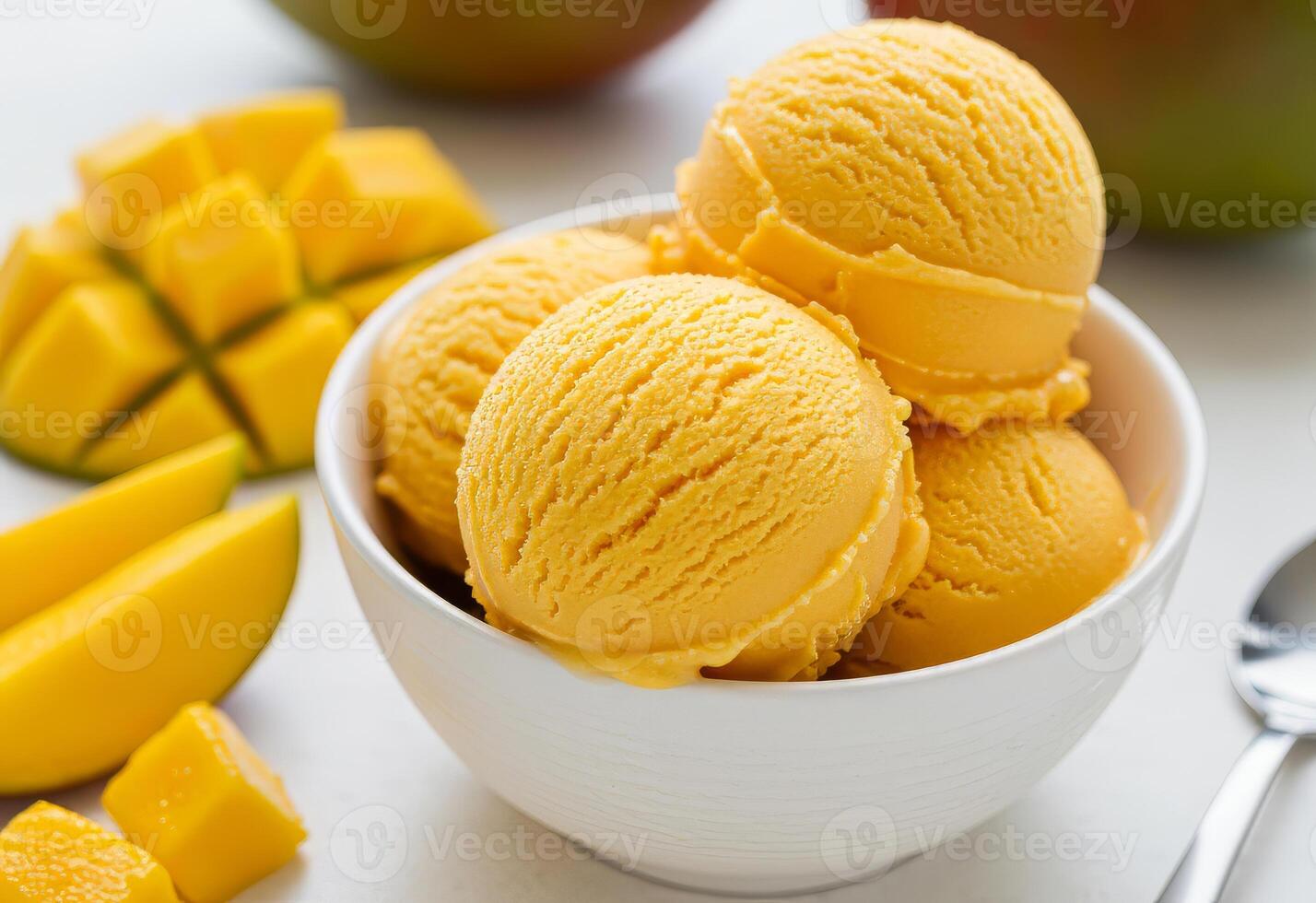 Close-up of a white bowl filled with three scoops of mango ice cream, garnished with a mango slices. photo