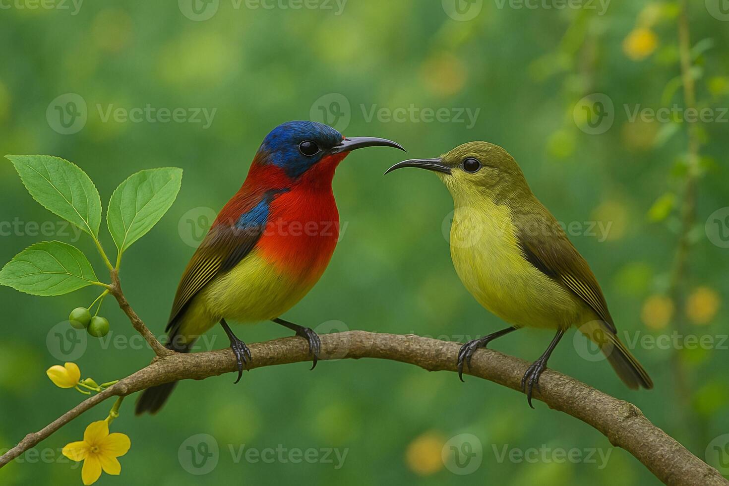 image of a male and female crimson sunbird perched side by side on a branch in a vibrant green forest with soft daylight and floral accents photo