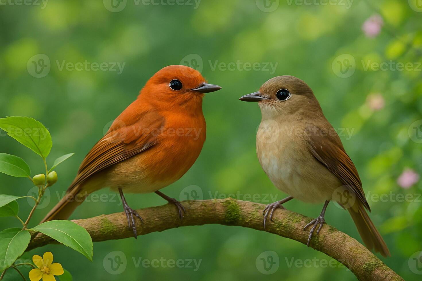 realistic image of male and female Ficedula dumetoria birds perched on a mossy branch in lush forest with bright daylight soft background and clear space for creative use photo