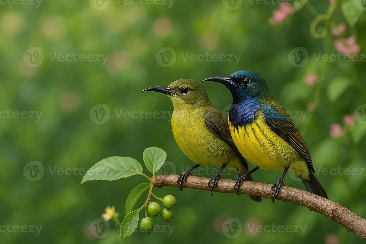 image of male and female olivebacked sunbirds perched together on a branch in a lush forest setting with soft light and natural background photo