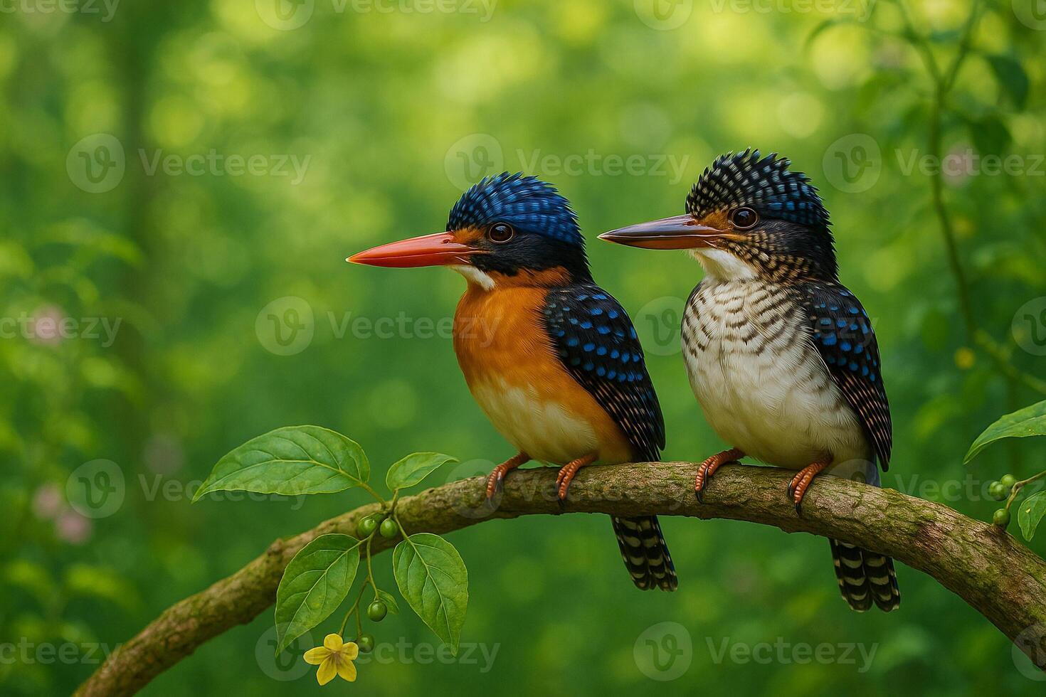 image of male and female banded kingfishers perched together on a branch in a vibrant green forest with sunlight and calm natural atmosphere photo