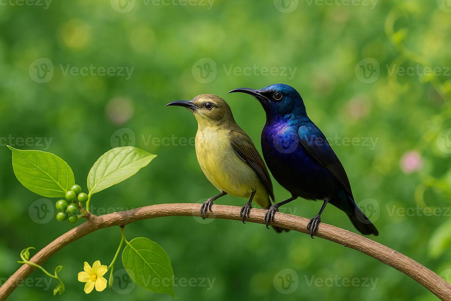 image of male and female purple sunbirds perched together on a branch with soft daylight in a fresh green forest background full of leaves and flowers photo