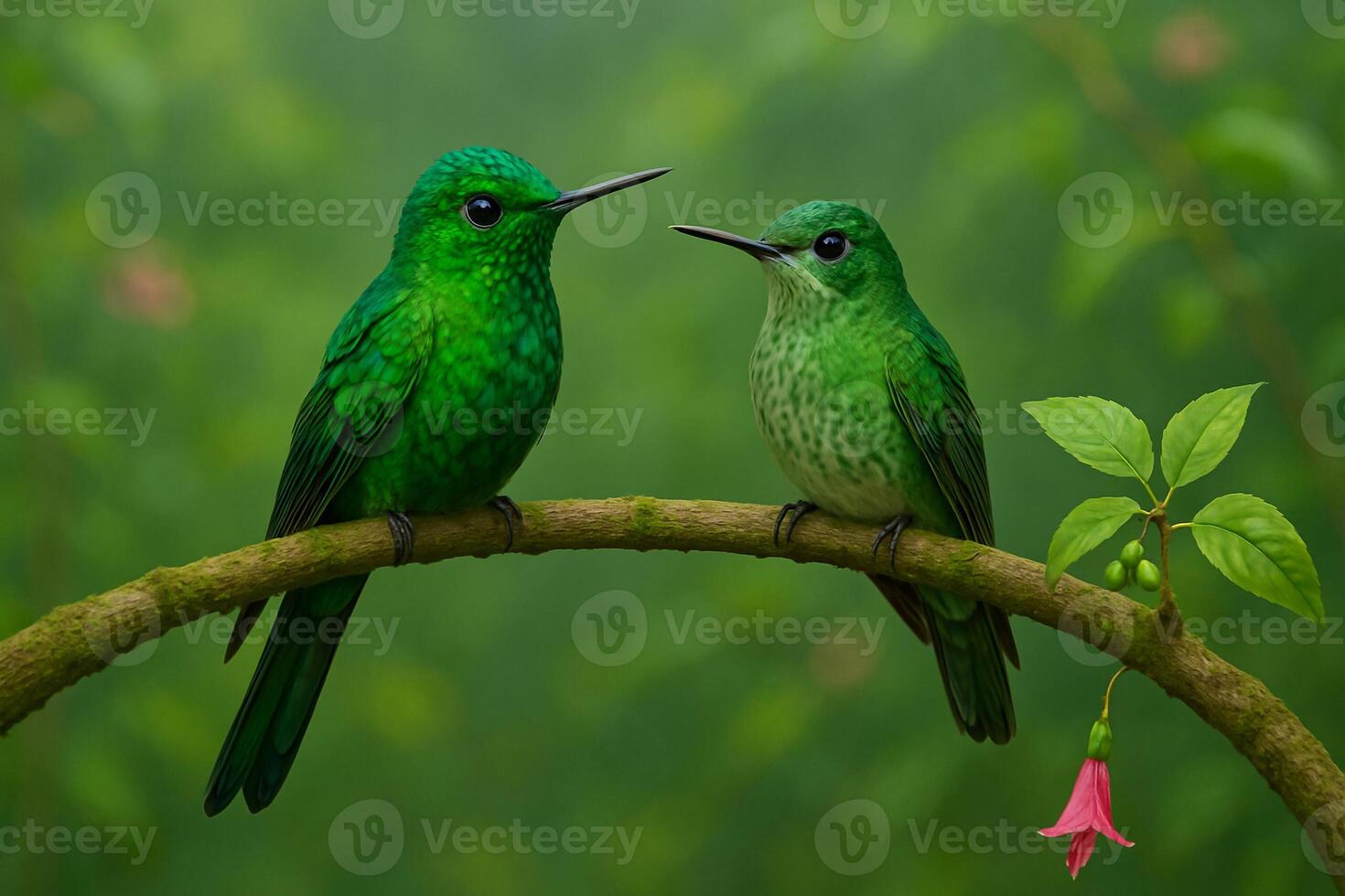 image of male and female greencrowned brilliant hummingbirds perched on a mossy branch in a lush forest with soft daylight and clean blurred background photo