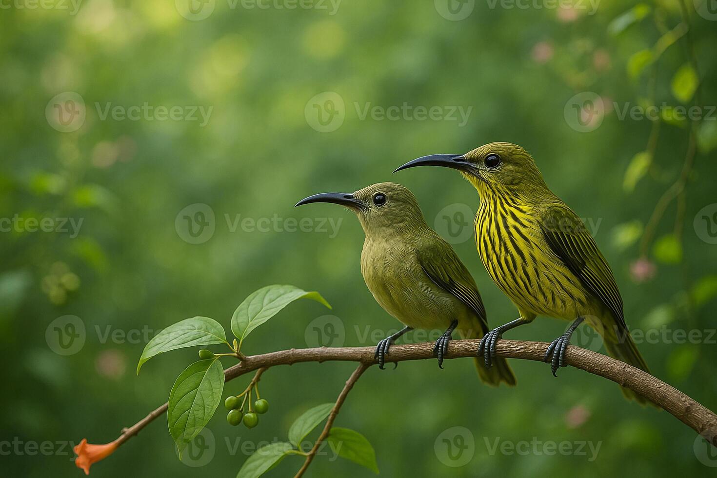 image of male and female streaked spiderhunters perched together on a curved branch in a lush forest with vibrant green tones and clean daylight background for design use photo