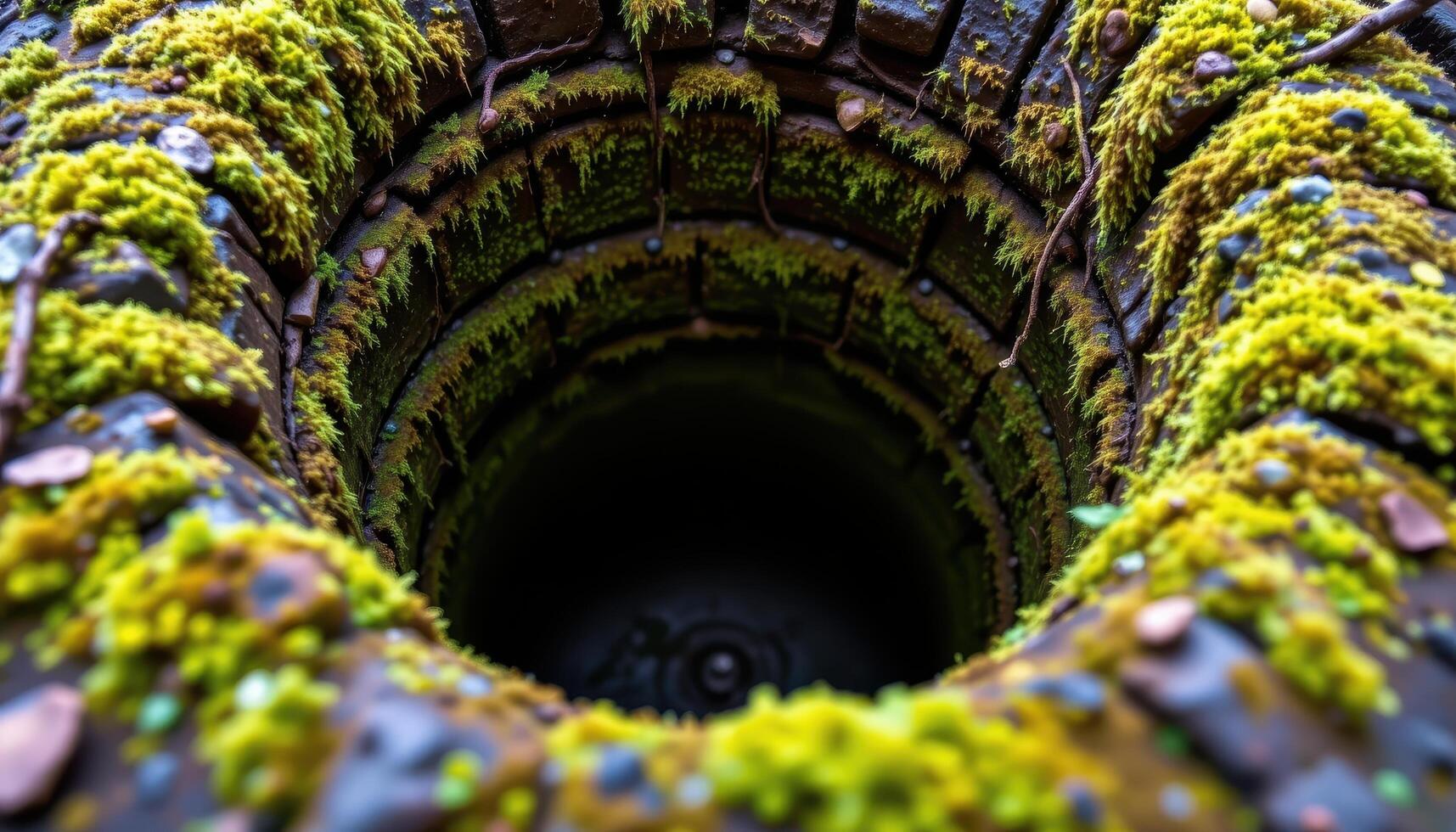 close up view of vibrant moss creeping around the edges of an abandoned well. photo