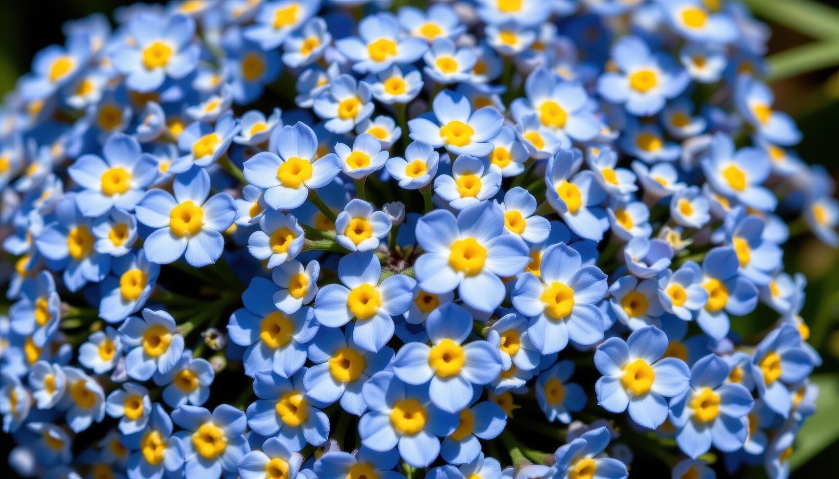 close up view of clusters of tiny blue forget me not flowers tightly packed, their vivid yellow centers and delicate petals shimmering subtly in natural sunlight. photo