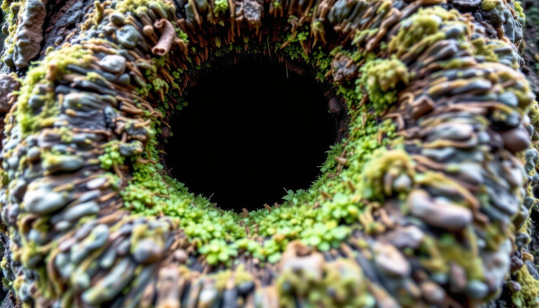 close up view of lush moss blanketing the inside of a hollow tree. photo