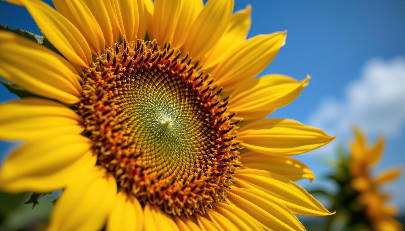 close up view of a blooming yellow sunflower's central disk, filled with tight spirals of seeds and surrounded by radiant petals that reach toward the sky. photo