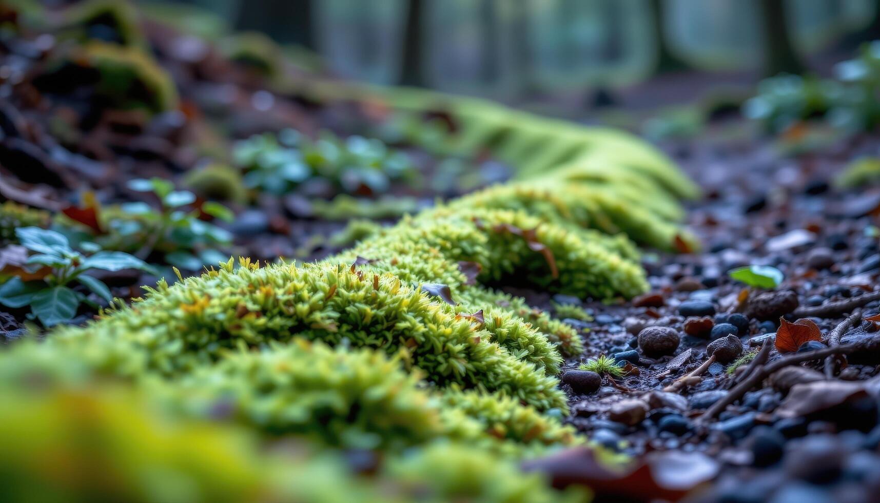 close up view of moss arranged in organic waves along a misty trail. photo