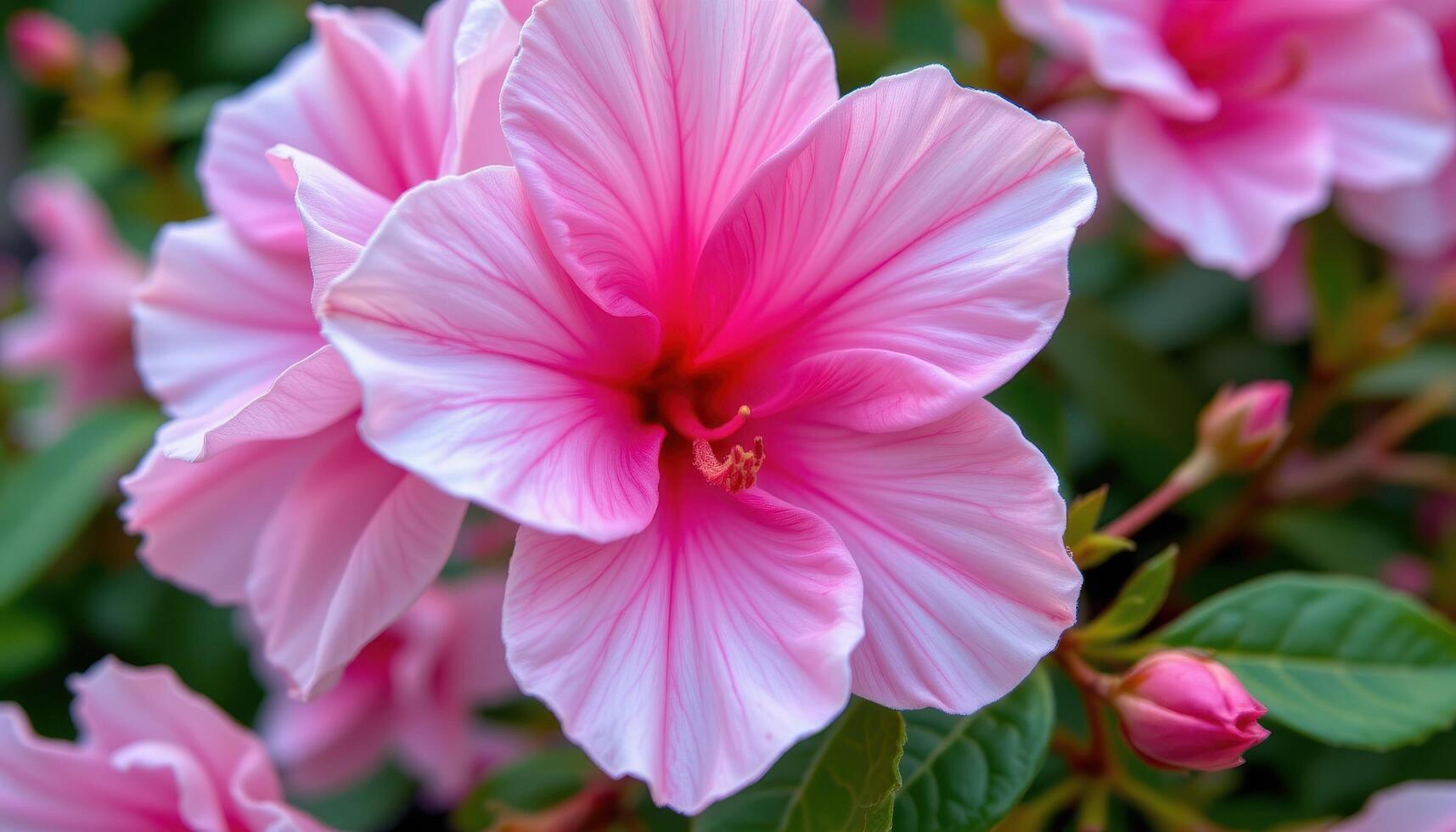 close up view of a delicate pink azalea flower, showing soft, ruffled petals layered gracefully with subtle veins running through their surfaces. photo