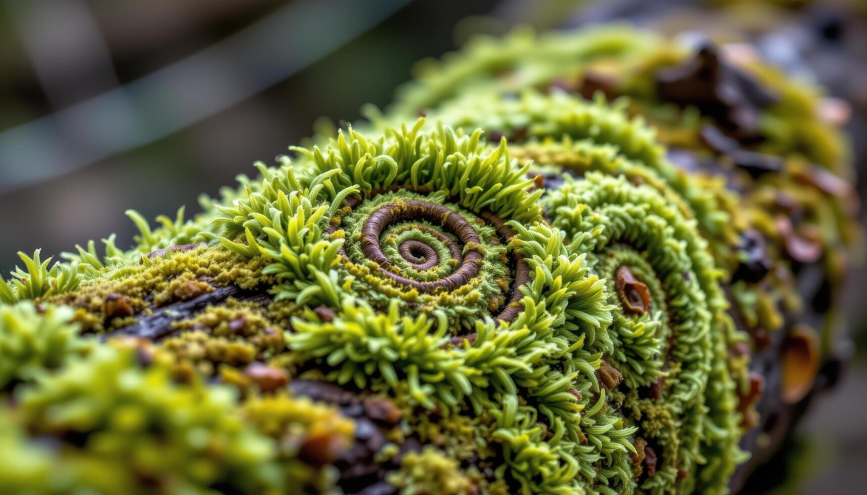 close up view of thick moss growing in spirals around a gnarled tree branch. photo