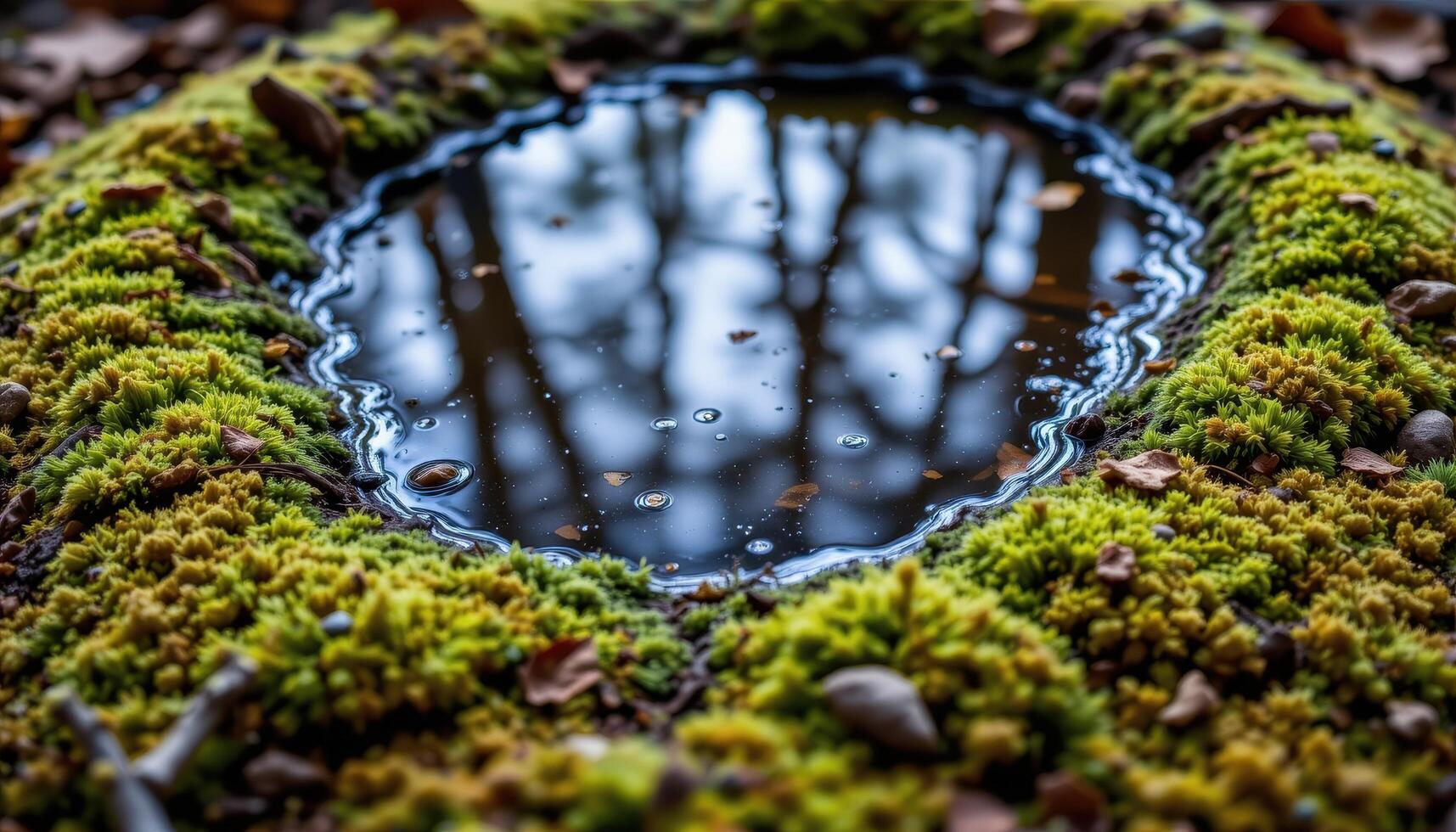 close up view of moss patterns forming naturally around a forest puddle. photo