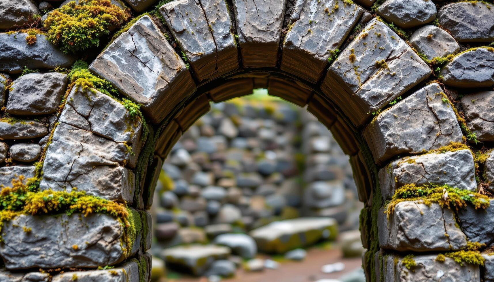 close up view of moss invading the cracks of a stone archway in ruins. photo