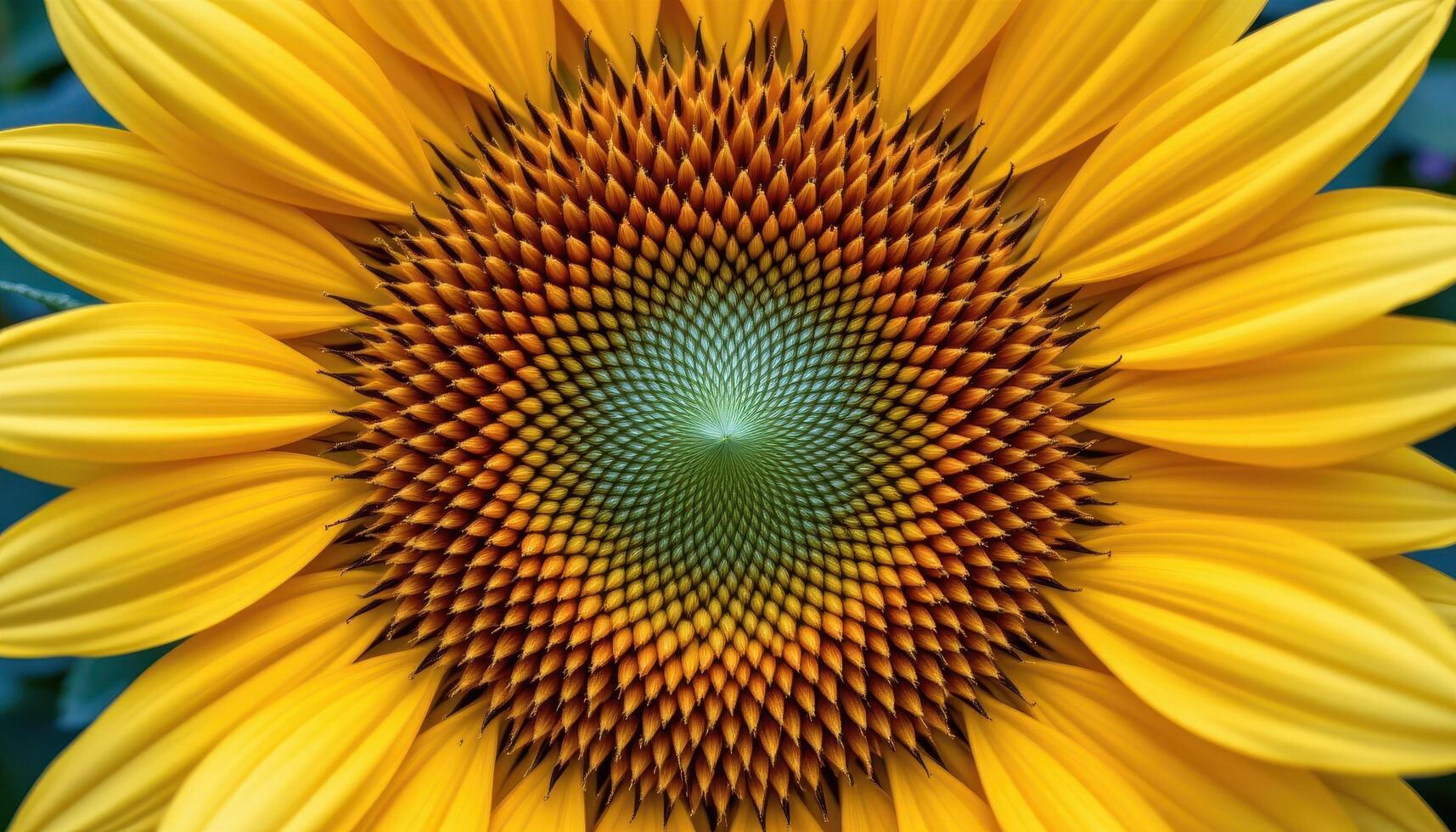 close up view of a bright yellow sunflower head filled with tightly packed seeds surrounded by large golden petals reaching outward. photo