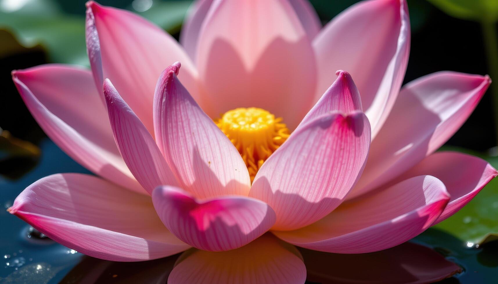 close up view of a lotus flower emerging from dark water with soft pink petals and intricate textures glistening in sunlight. photo