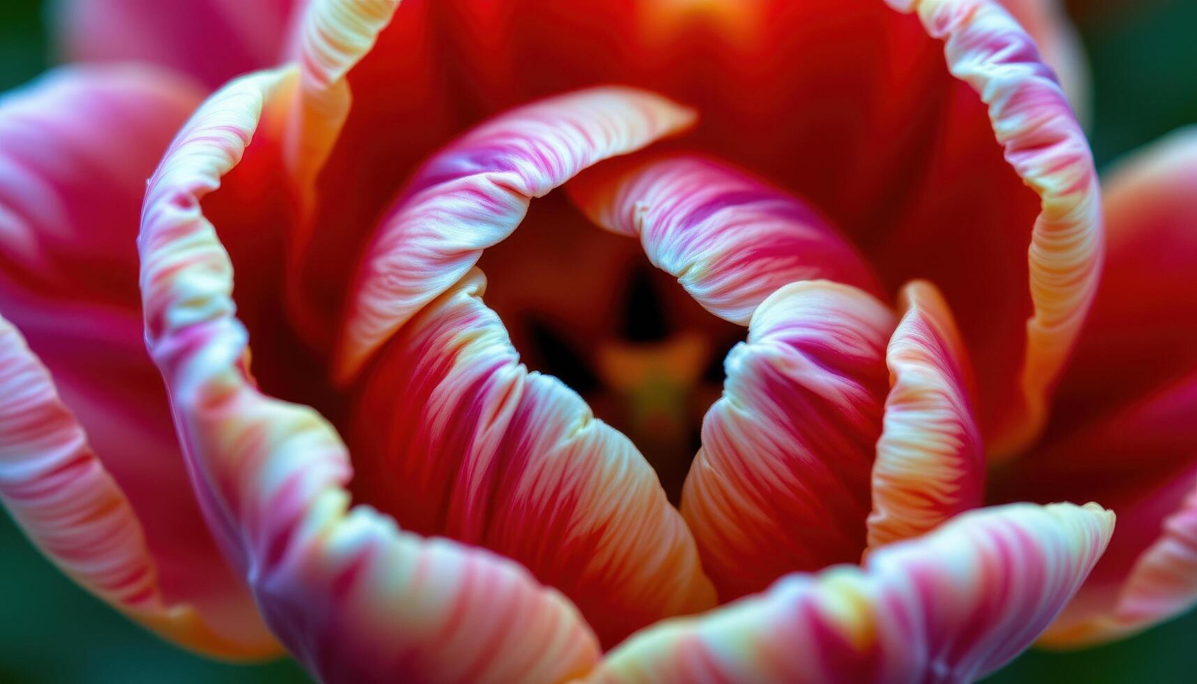 close up view of a tulip's smooth petals gently curving inward with vibrant reds and oranges creating a fiery appearance. photo
