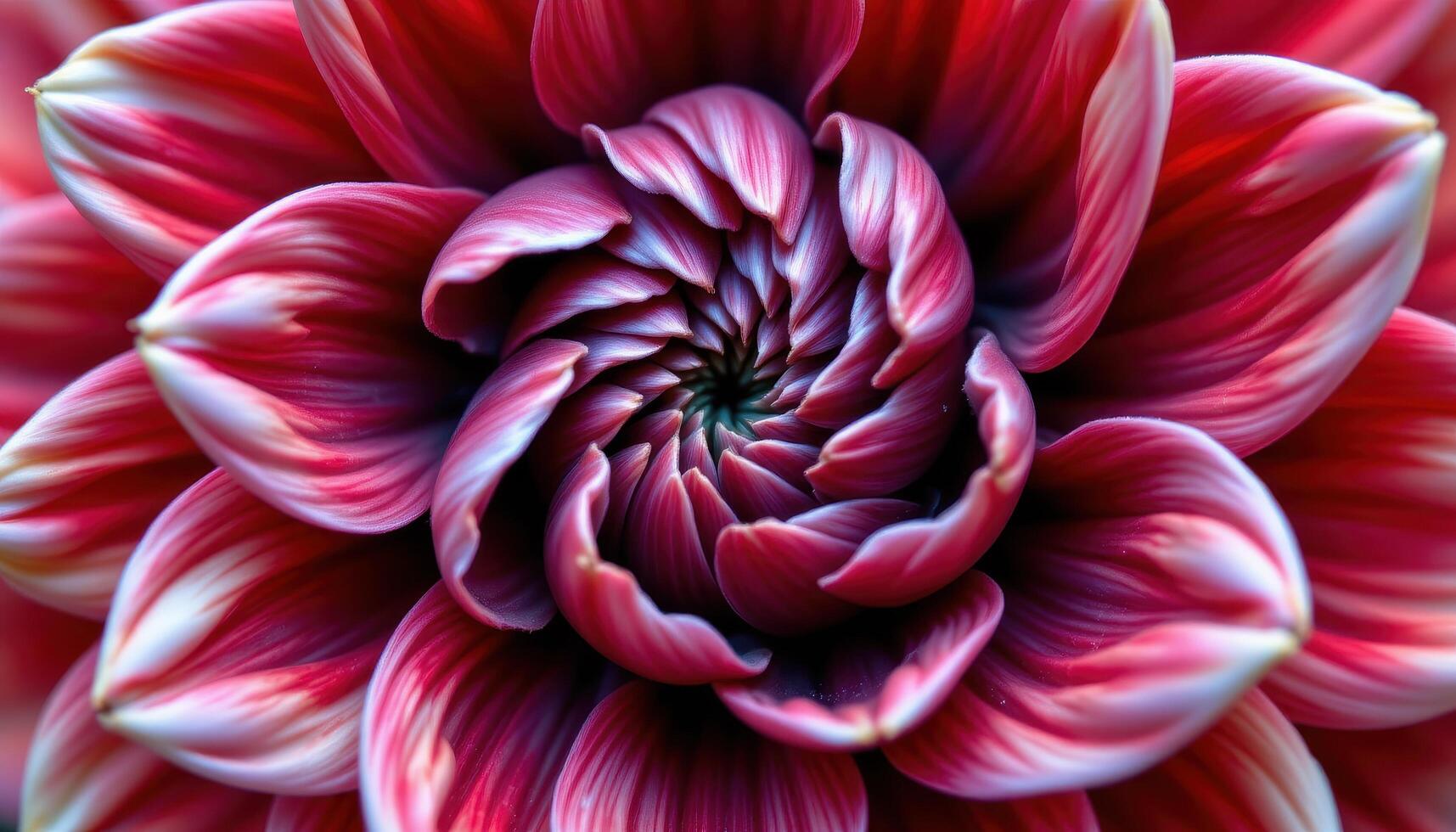 close up view of the vibrant petals of a red dahlia flower spiraling towards the center in an elegant pattern. photo
