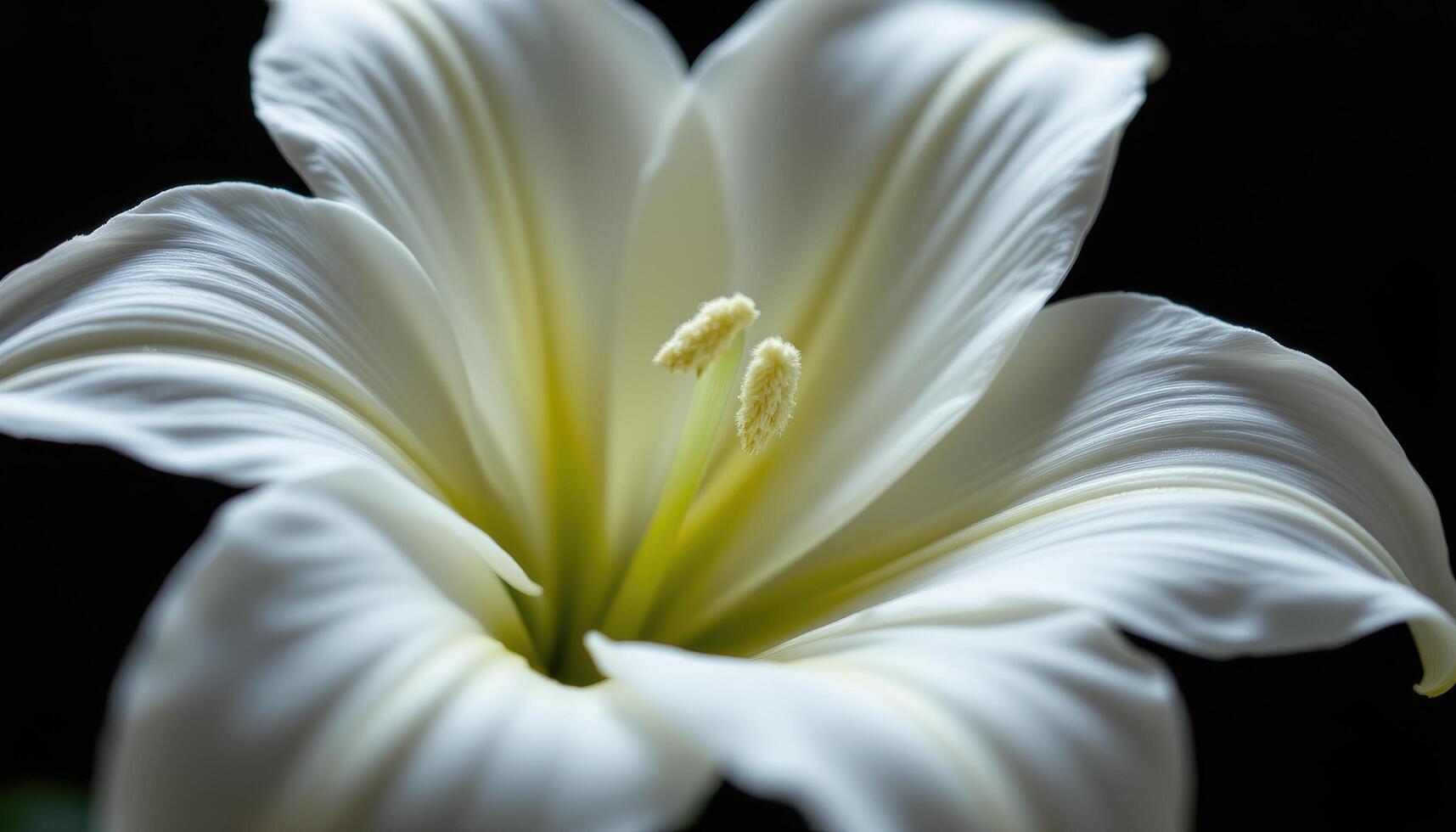 close up view of an elegant white lily with trumpet shaped petals curving outward smoothly, set against a dark, blurred background for dramatic effect. photo