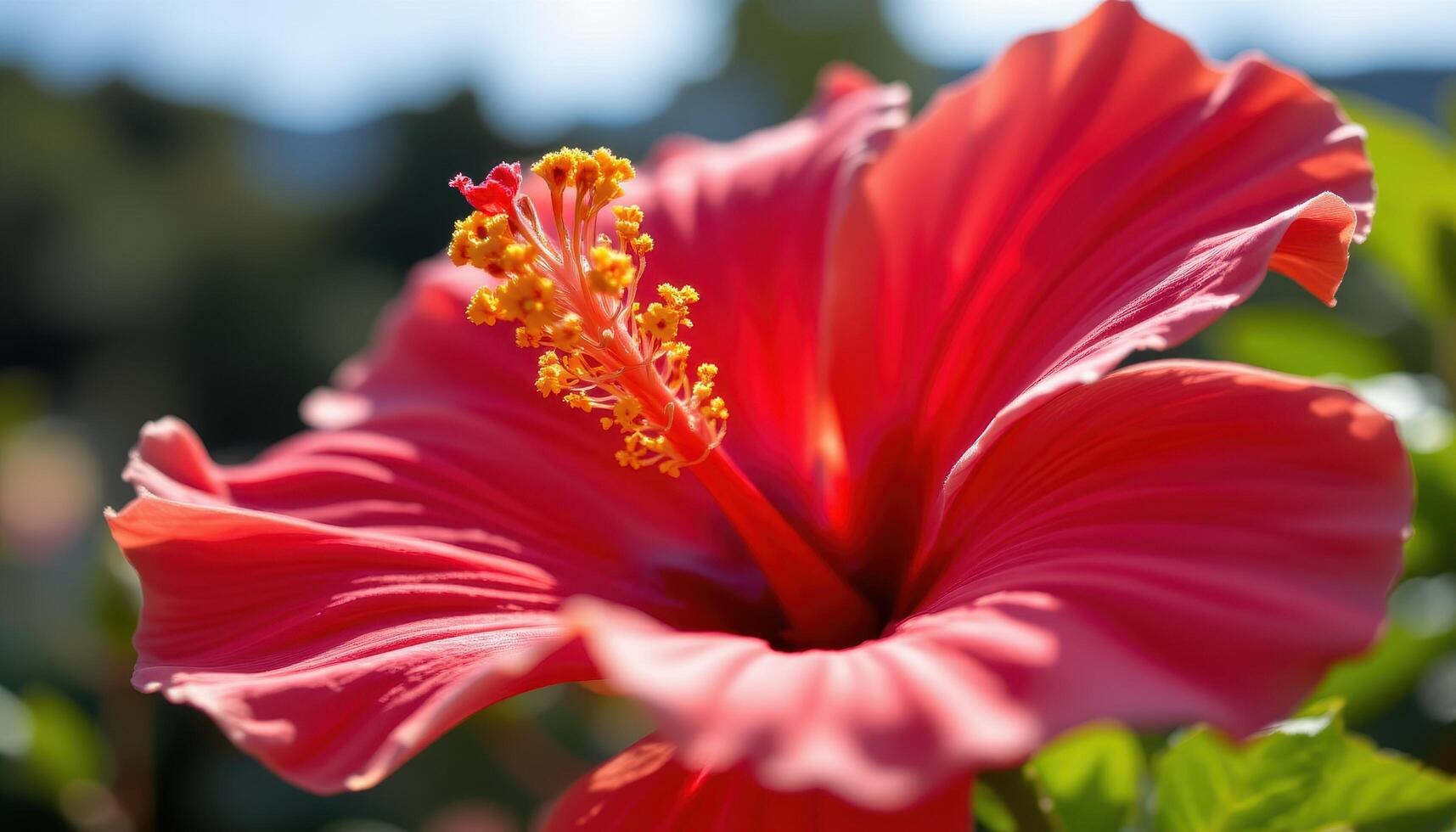close up view of a coral colored hibiscus flower with smooth, glossy petals curling softly and a central stamen prominently standing out in warm light. photo