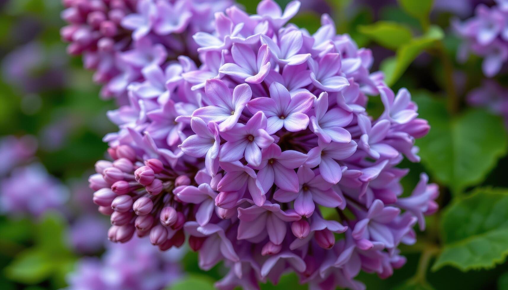 close up view of dense clusters of purple lilac blossoms, their tiny petals revealing subtle color gradients and fine texture amidst the fresh spring air. photo
