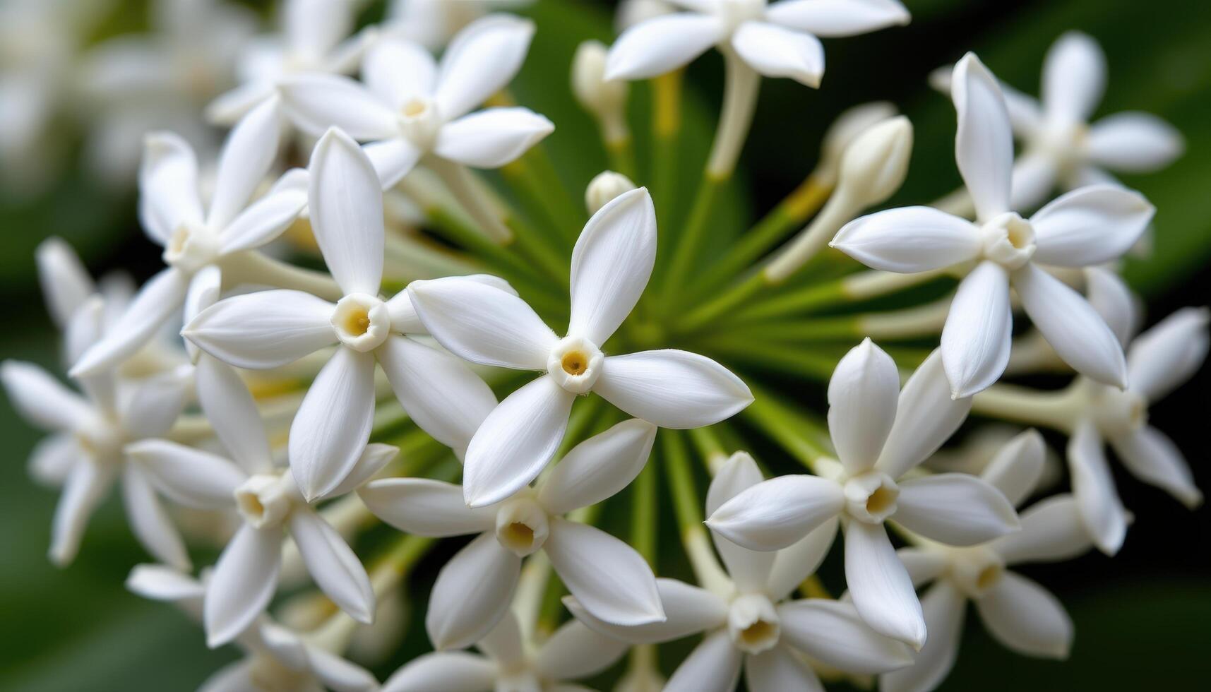 close up view of delicate white jasmine flowers with slender, star shaped petals and faint fragrance, clustered elegantly on thin stems with dark green background. photo