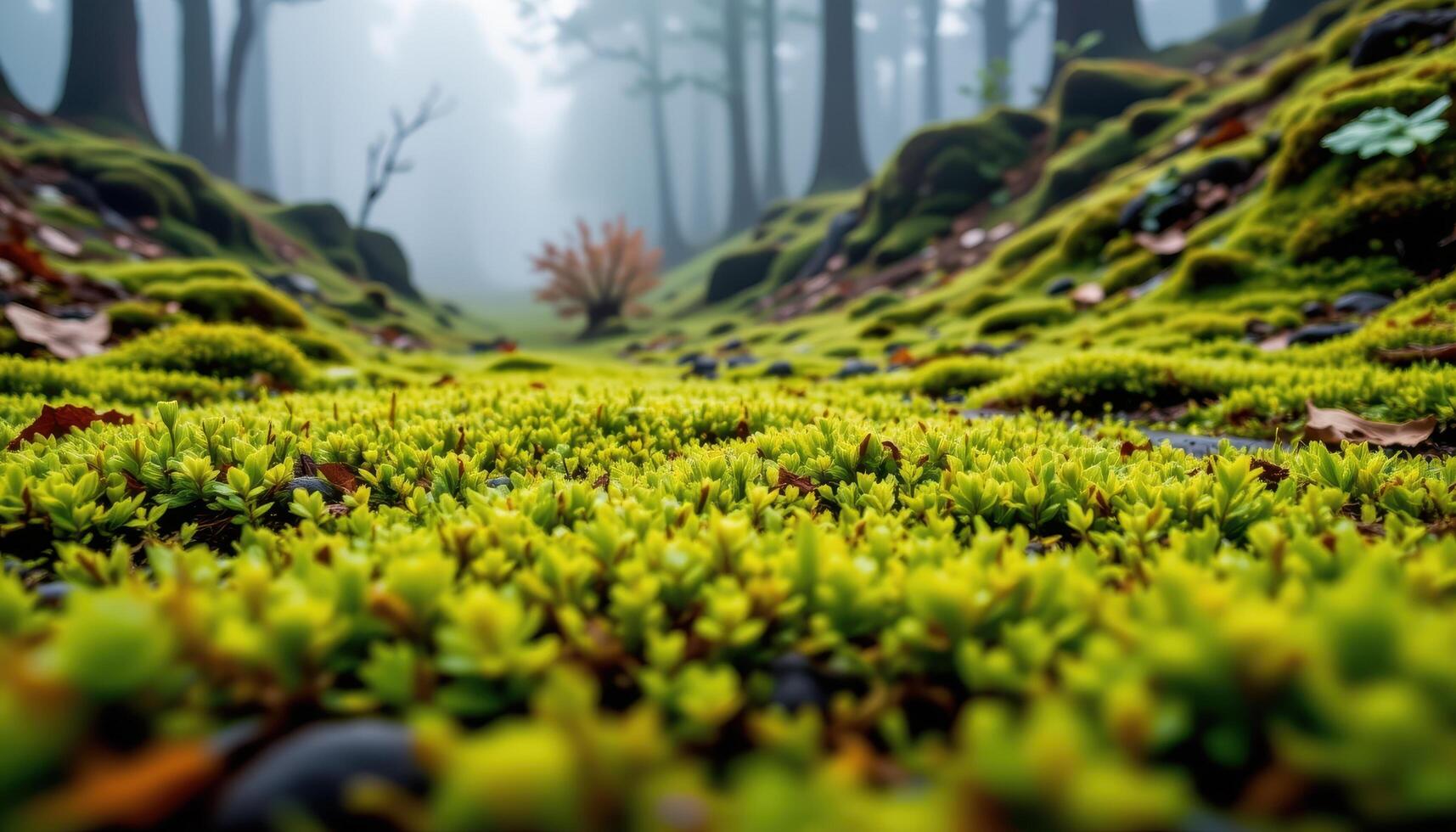 close up view of bright moss thriving in the middle of a fog shrouded path. photo
