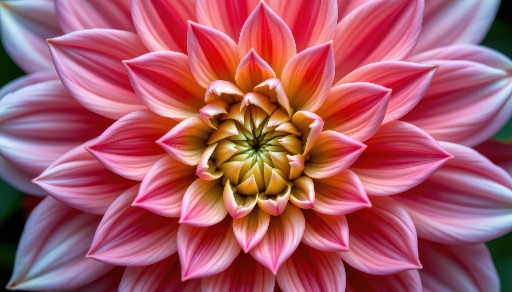 close up view of a dahlia flower with its tightly wound spiral of petals in shades of pink and coral forming a perfect geometric pattern. photo