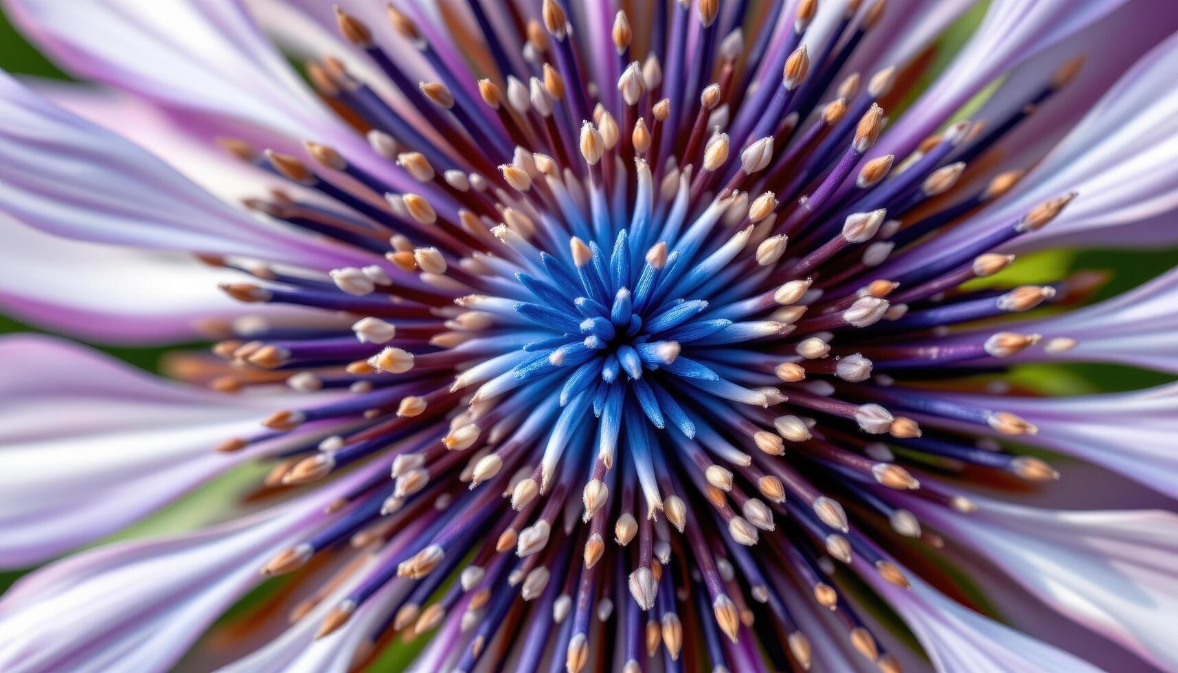 close up view of a delicate blue cornflower with spiky petals radiating from a deep blue center in intricate detail. photo