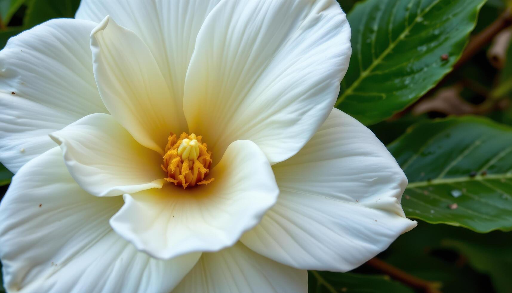 close up view of a blooming gardenia with thick, waxy petals showcasing a creamy white color and subtle fragrance. photo