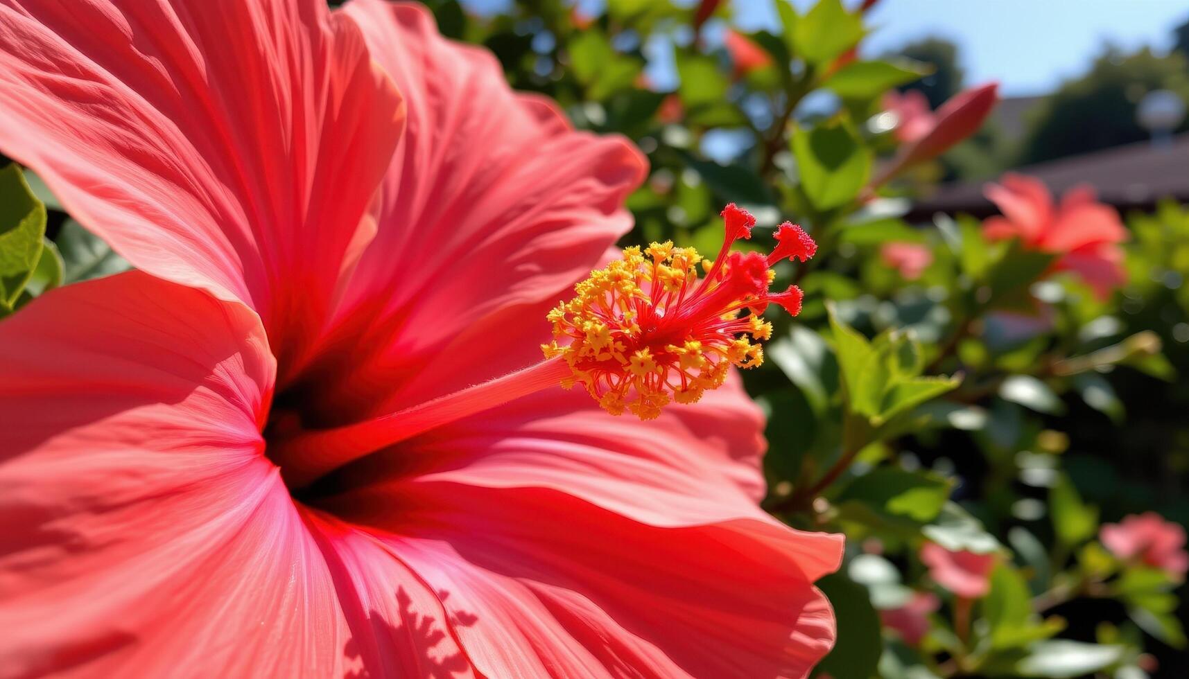 close up view of a coral colored hibiscus flower with prominent stamen and smooth, glossy petals in sunshine. photo