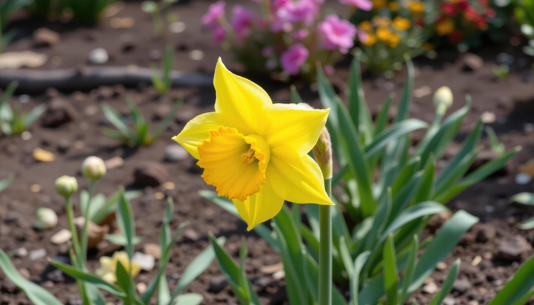 close up view of a yellow daffodil with smooth petals and trumpet shaped corona standing tall in a garden bed. photo