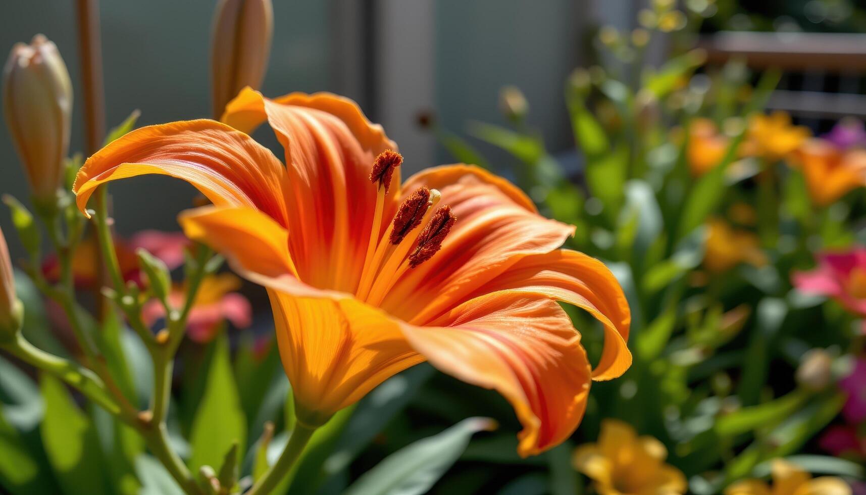 close up view of a vivid orange tiger lily's curled petals marked with deep black spots, their texture rich and velvety under warm sunlight. photo