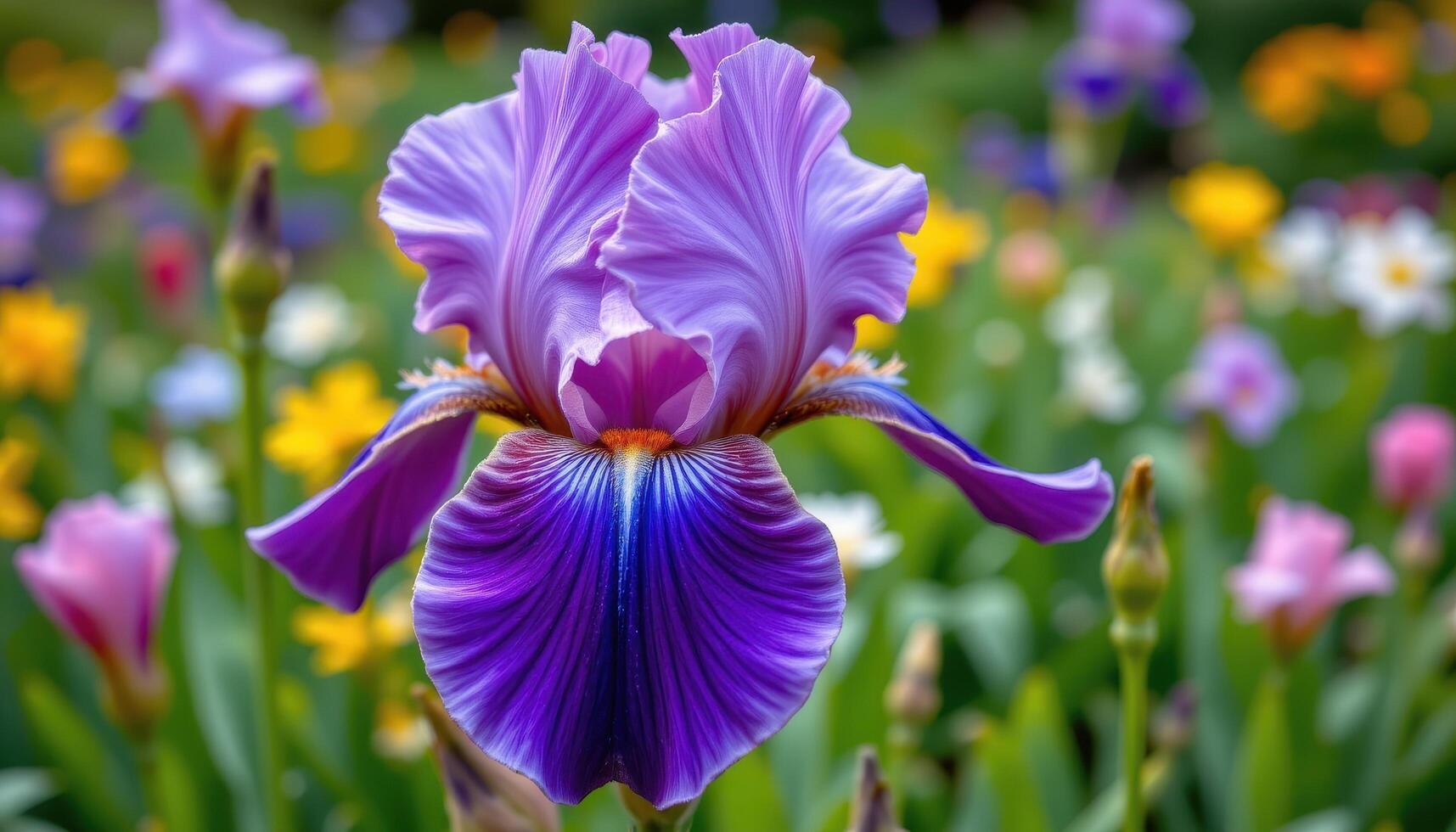 close up view of a purple iris with deep veins running through its petals, the flower standing tall and graceful in a spring garden setting. photo