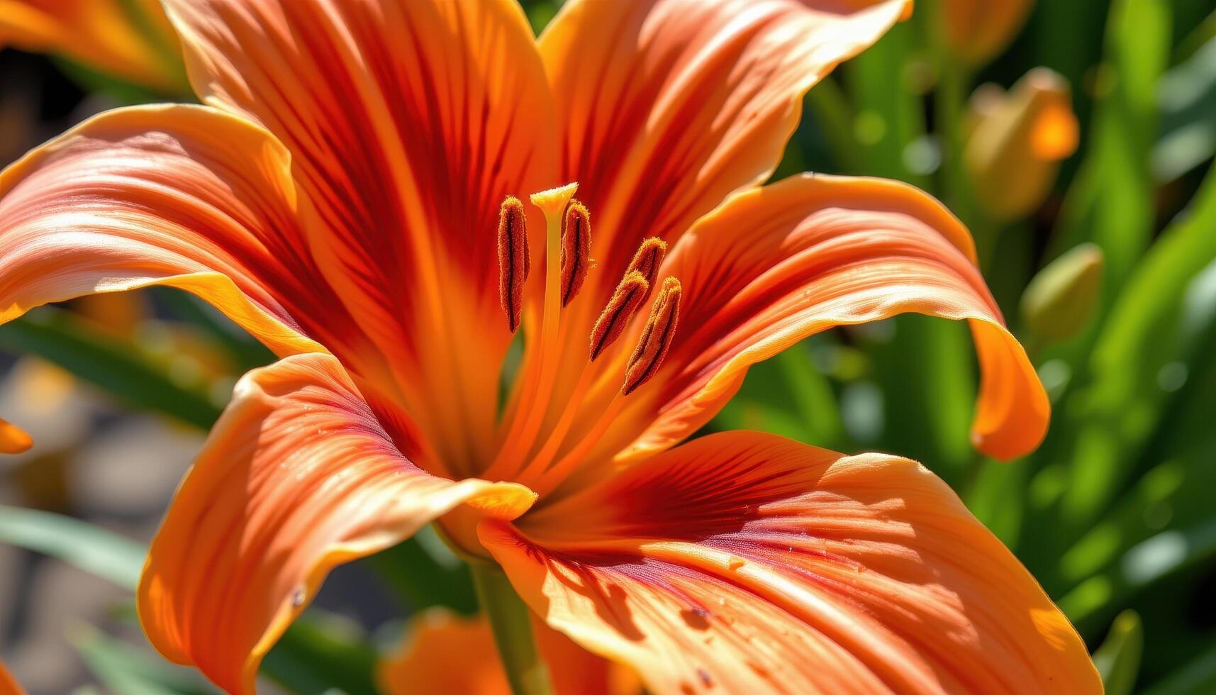close up view of a bright orange tiger lily with curled, spotted petals arranged dramatically, glowing richly under warm sunlight. photo