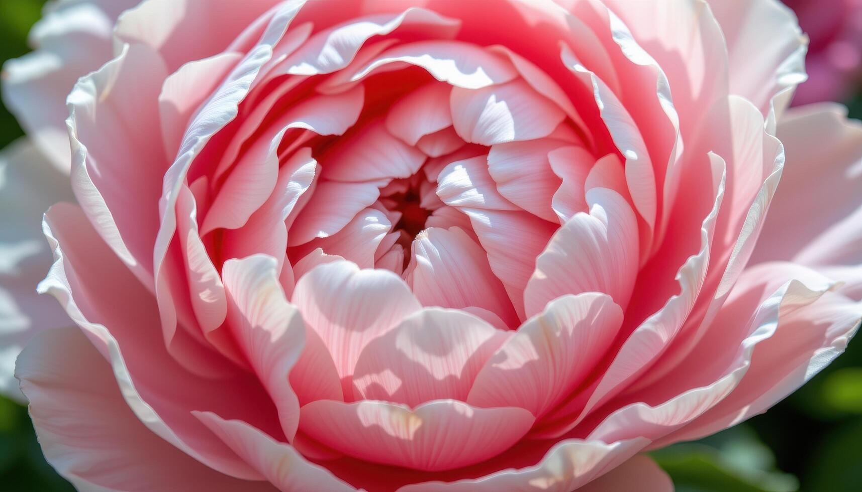 close up view of soft pastel pink peony petals unfolding slowly with layers thickly packed, highlighted by gentle natural light and soft shadows. photo