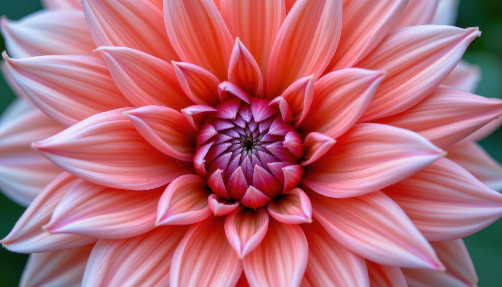 close up view of a dahlia's pointed petals spiraling outward in coral and pink hues, creating a mesmerizing geometric pattern in the heart of the bloom. photo