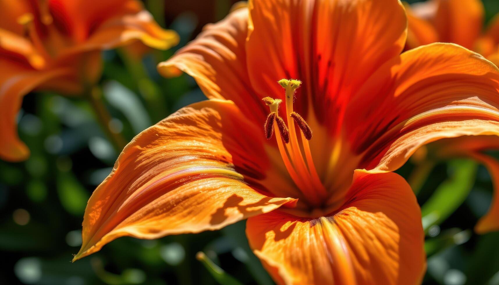 close up view of an orange tiger lily's curved petals marked with bold black spots, showing rich texture and velvety surfaces illuminated warmly by sunlight. photo