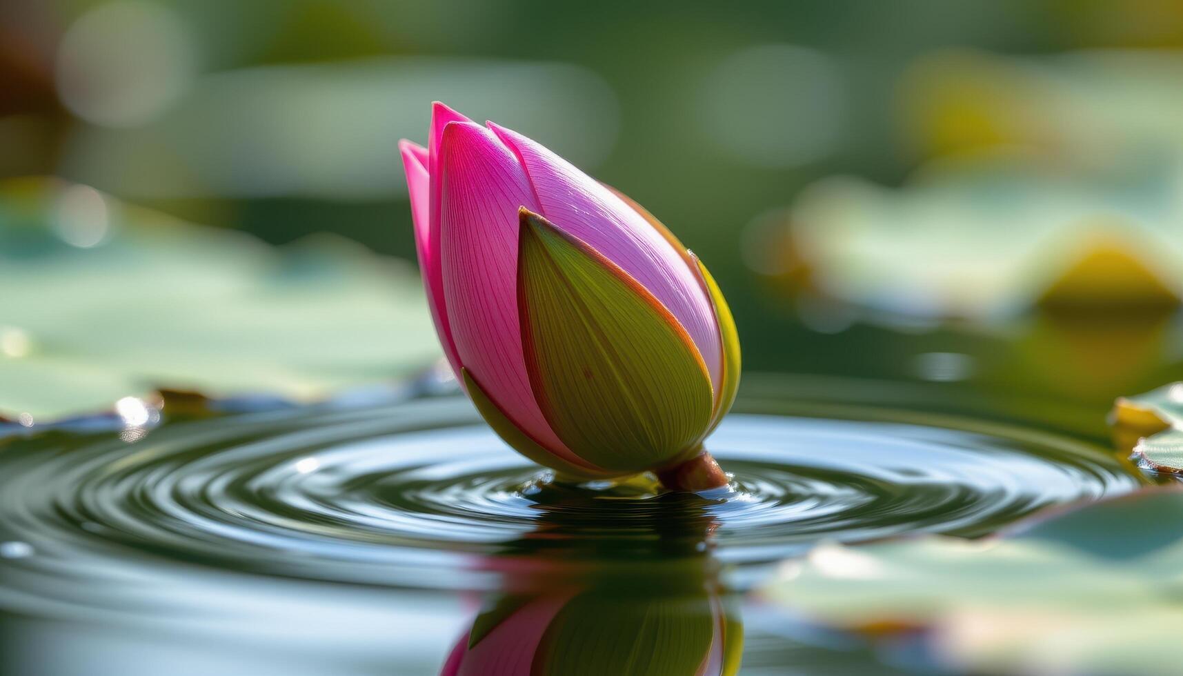 close up view of a lotus bud with soft pink petals beginning to unfurl delicately over calm, reflective water catching subtle shades of light. photo