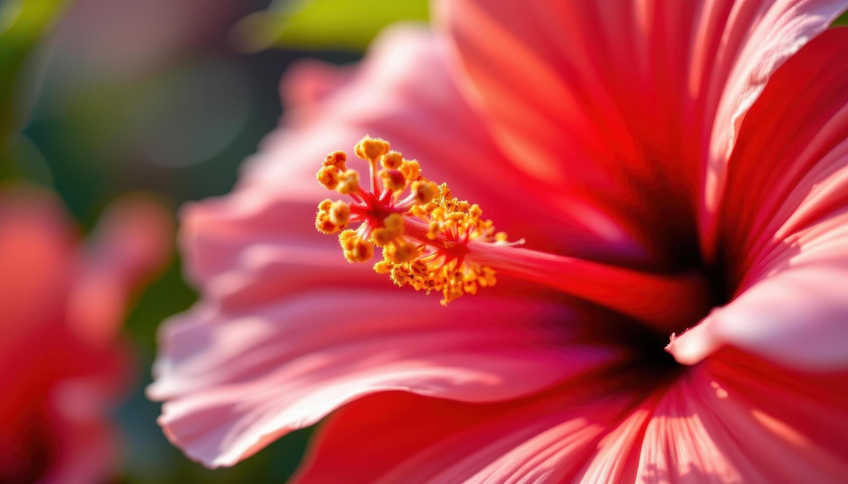 close up view of coral colored hibiscus petals smooth and glossy, curling gently outward with a prominent stamen standing proudly in warm golden light. photo