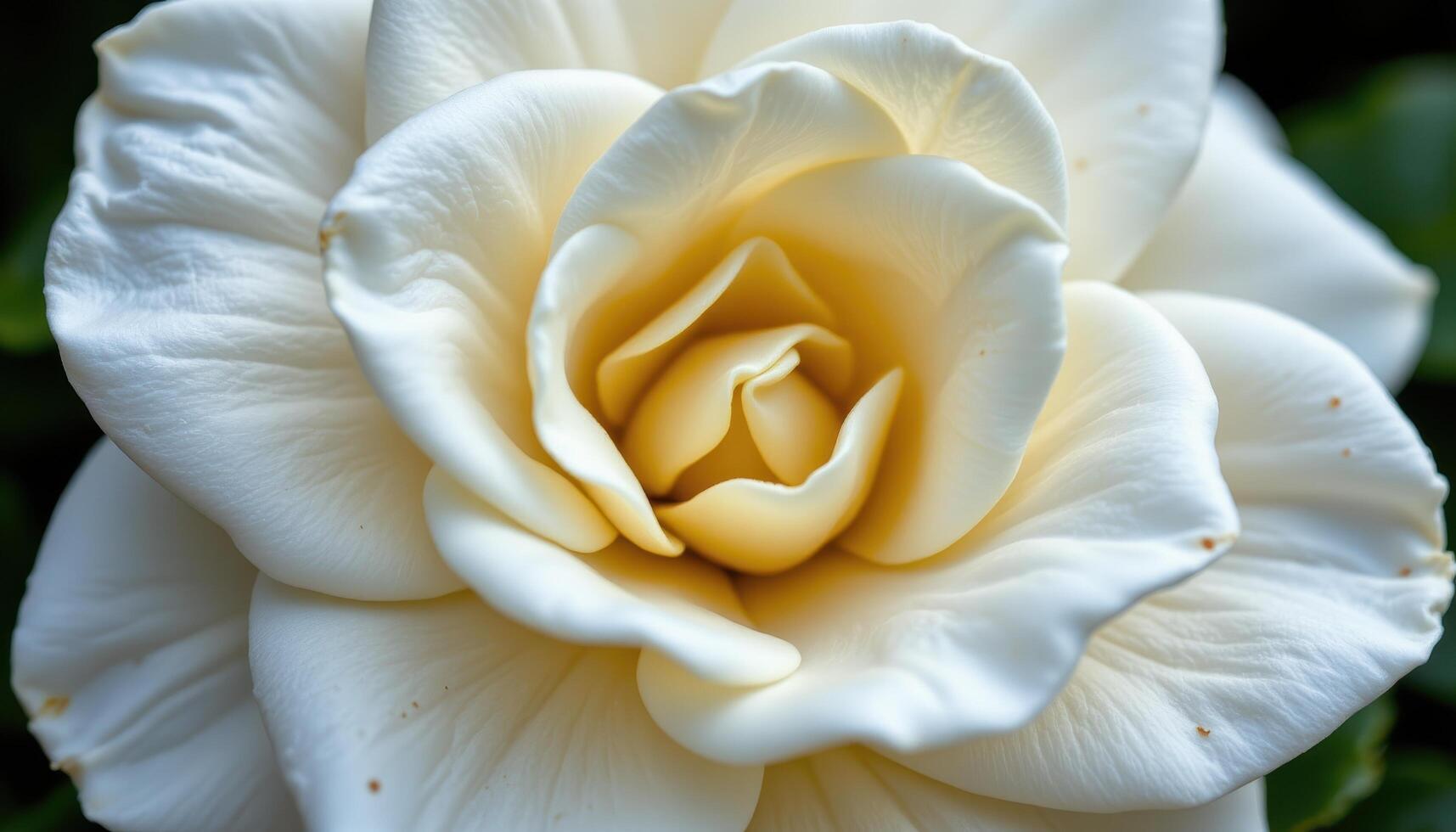 close up view of a gardenia's creamy white petals layered thickly and reflecting soft, diffused light, showcasing subtle gradations of color and texture. photo