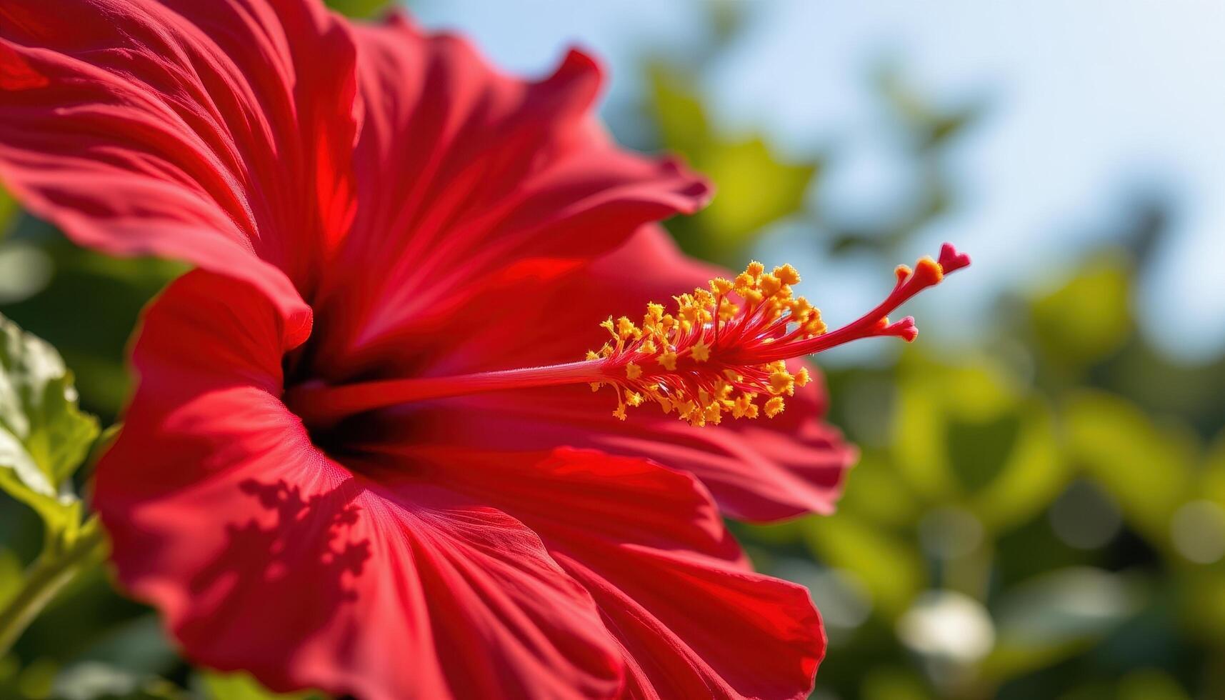close up view of a red hibiscus flower with velvety petals unfolding perfectly, a prominent stamen dusted with fine pollen grains visible in warm daylight. photo
