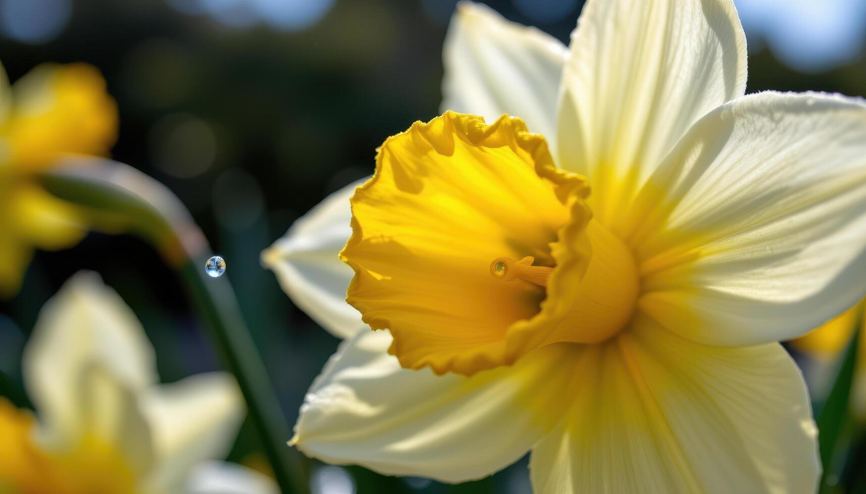 close up view of a bright yellow daffodil with a trumpet shaped corona surrounded by smooth petals shimmering with fresh morning dew under soft light. photo