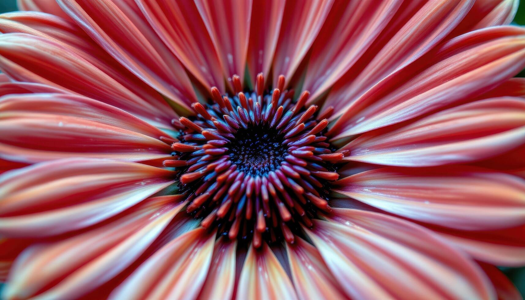 close up view of red zinnia petals radiating perfectly in circular layers, each petal smooth and glossy, capturing natural highlights vividly. photo